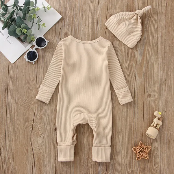 Infant%20Baby%20Jumpsuit%20and%20Hat%20Set,%20Solid%20Knit%20Ribbed%20Long%20Sleeve%20Crew%20Neck%20Button%20Romper%20One-Piece%20Clothes%20-%20Image%202