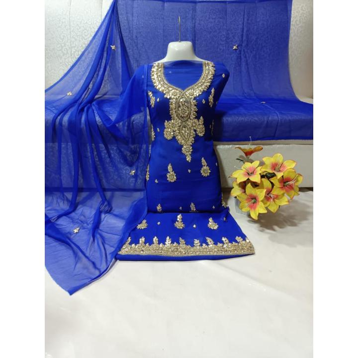 Handmade Embroidered Gotta Stones Dabka work  2 Pieces (Shirt & Dupatta ) Soft Chiffon Unstitched Beautiful Dress Collection 2022
