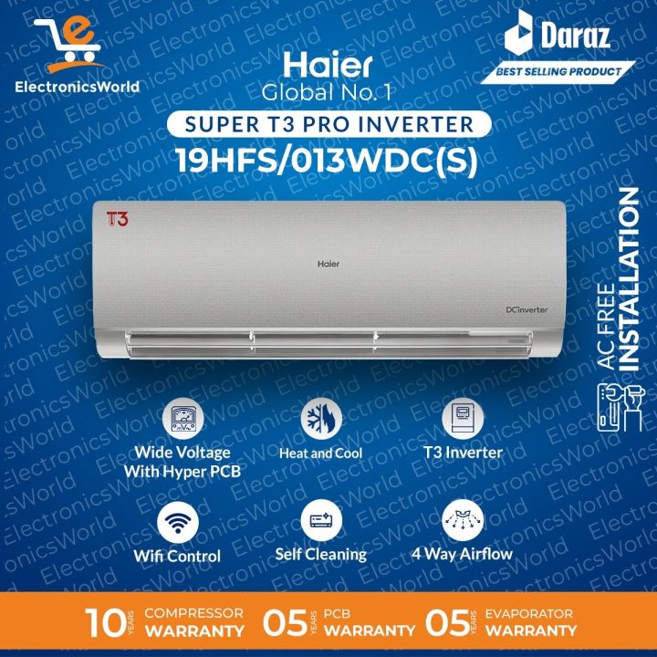 Haier Inverter AC | New  Model HSU-19HFS/023WDC (Super T3 Pro Series) 1.5 Ton DC Inverter / T3 Compressor/ECO Mode/Self Cleaning/WiFi/Turbo Cooling/Color Silver/ Golden/White |10 Years Compressor 05 Years All Parts Warranty | Haier Free Installation