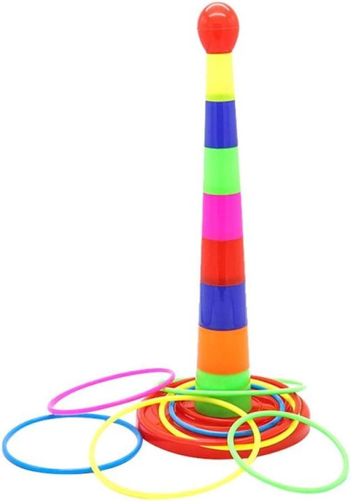 Ring Toss Game With 18 inch Stand - Floatable Rings - Multi-Colored Durable Plastic Rings - Competitive Tossing Game for Kids and Adults - 16 cm (6.3 inch) and 14.5 cm (5.7 inch) Rings