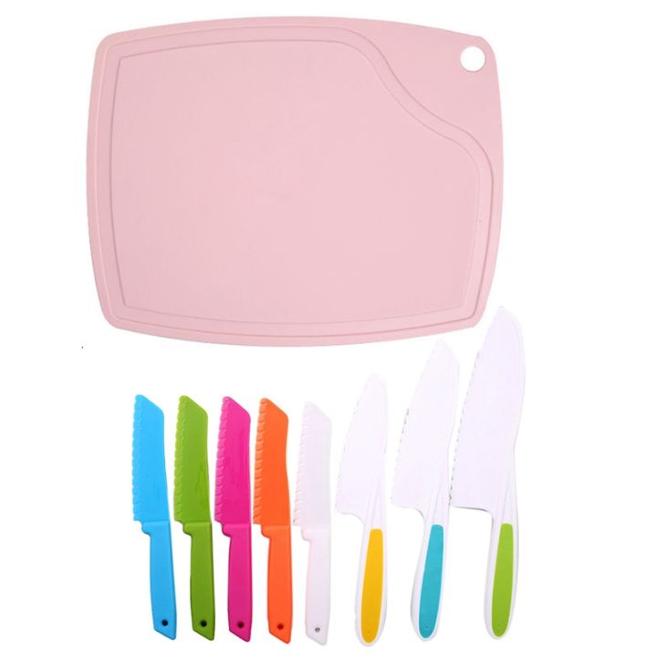 9 Pieces Kids Cooking Set, Plastic Children's Safe Cooking Chef Knives and Cutting Board, Kids Fruit Salad Knives