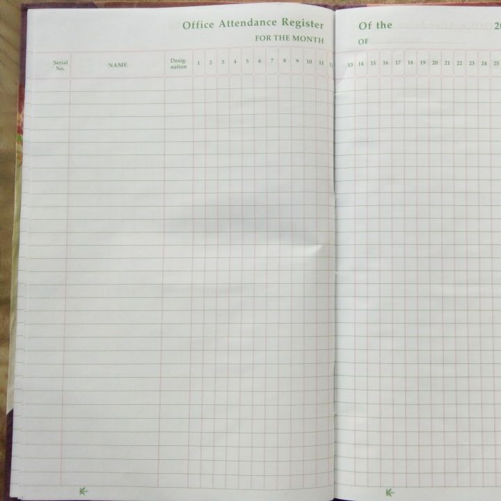 Office Attendance Register For Daily Attendance in Office Staff ,Record of Attendance