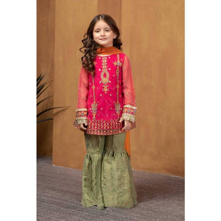 Kids Wedding Collection - 3Pcs Unstitched Fancy Wedding/Party Wear Little Girl Dress in Chiffon - JC-12