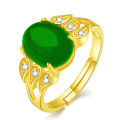 Temperament three-leaf inlay imitation Qinghai material Hetian jade cabochon ring Open temperament spinach chrysoprase ring. 