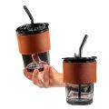 High-Value Portable Leather Glass Coffee Cup With Straw and Lid Iced Tea Cup. 