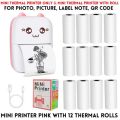 Mini Printer Pocket Inkless Mini Printer In Pink & Blue 1x To 20x Thermal Paper Roll ( With Roll & Without Roll ) - Thermal Portable Bluetooth Wireless Mini Printer For Kids - Office Receipt, Label Note, QR Code - Compatible With IOS & Android. 