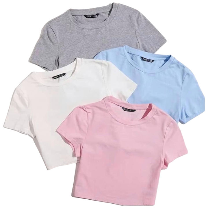 Pack Of 4 Summer Plan Crop Top Round Neck Half Sleeves Casual Plan Cotton Crop T Shirt For Girls Women And Ladies