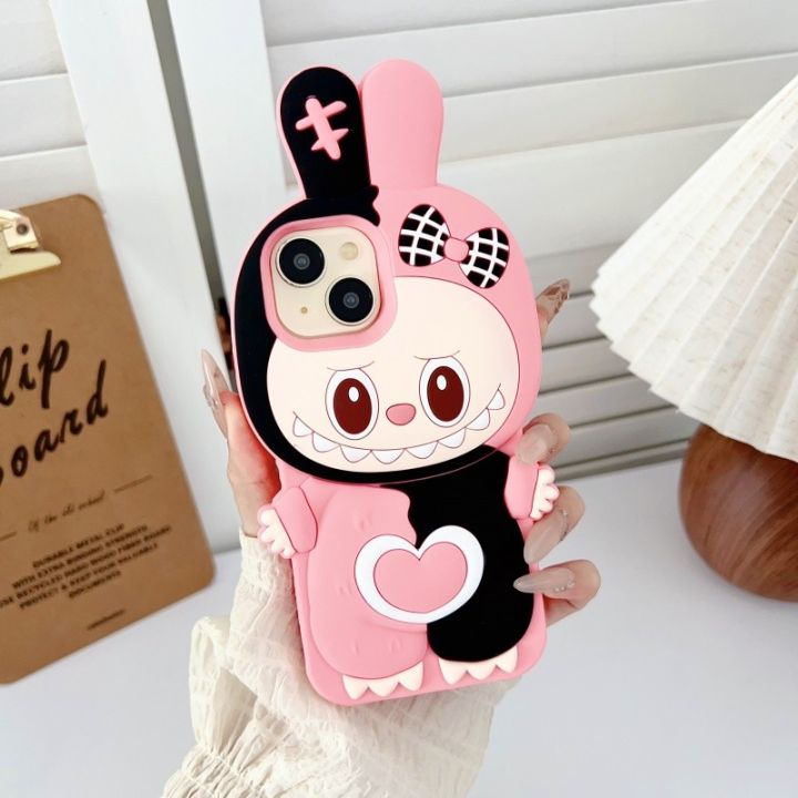 ♥Ready Stock +FREE Shipping+COD♥3D cute cartoon labubu pink and black patchwork color silicone case for iPhone 11 12 13 14 15 16 Pro Max casing Cartoon animal soft silicone protective cover for iPhone case