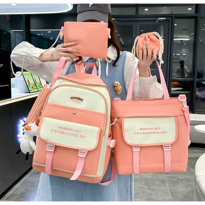 New 5 Pcs Set Women Laptop Backpack Canvas School Bags For Teenage Girls Kawaii College Student Kids Book Bag Rucksack