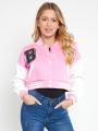 Contrast Sleeve Varsity Bomber Jacket Crop Fit Fashion Outerwear for Women and Teens. 