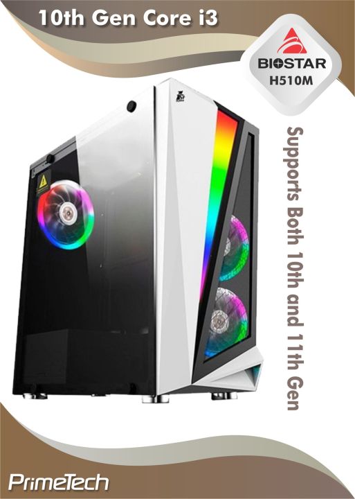 10th Gen Core i3 PC - Core i3 10100F Processor, 16GB DDR4 RAM, 128GB NVMe M.2. 500GB HDD, H510M 11th Gen Motherboard, 500 Watts PSU, RGB White Case with 3x ARGB Fans