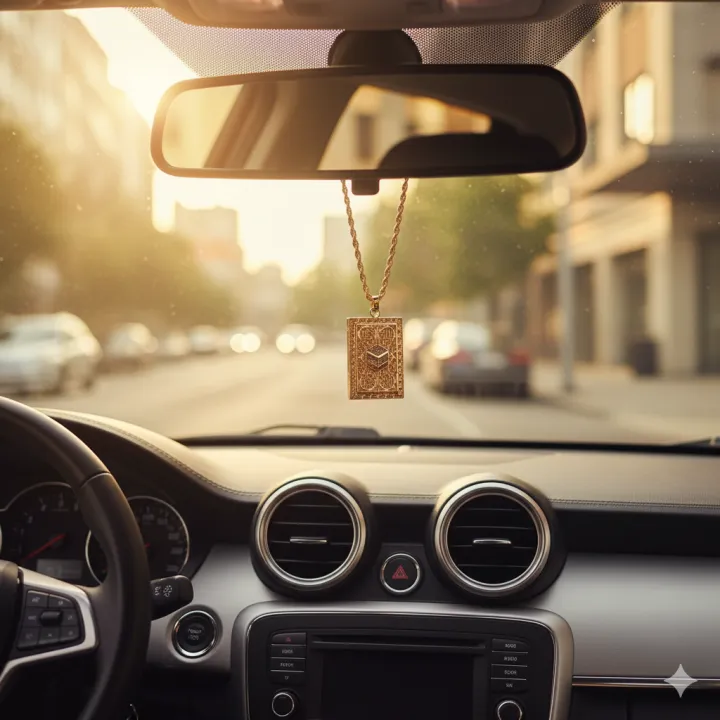 Golden Kaba Shareef Locket Hanging Car Mirror - Islamic Dashboard ...