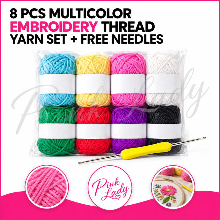8 PCS Multicolor Embroidery Thread Yarn Set with Free Qureshia Needles | Premium Sewing Kit for Crochet, Hand Stitching & DIY Craft