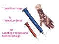 2 Injection and 2 pin for creating mehndi designs. One Small injection and one Large injection.. 