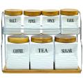 7PCS CERAMIC WOODEN AIR-TIGHT SPICES STORAGE SET WITH METAL STAND. 
