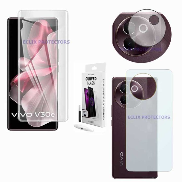 vivo V30e UV Glass Liquid Glue Tempered Glass Screen Protector + Back Matte Protector Soft Skin Sheet Film + Back Camera Glass Protector Flexible 9H Gorilla Lens Glass For vivo v30e - Transparent