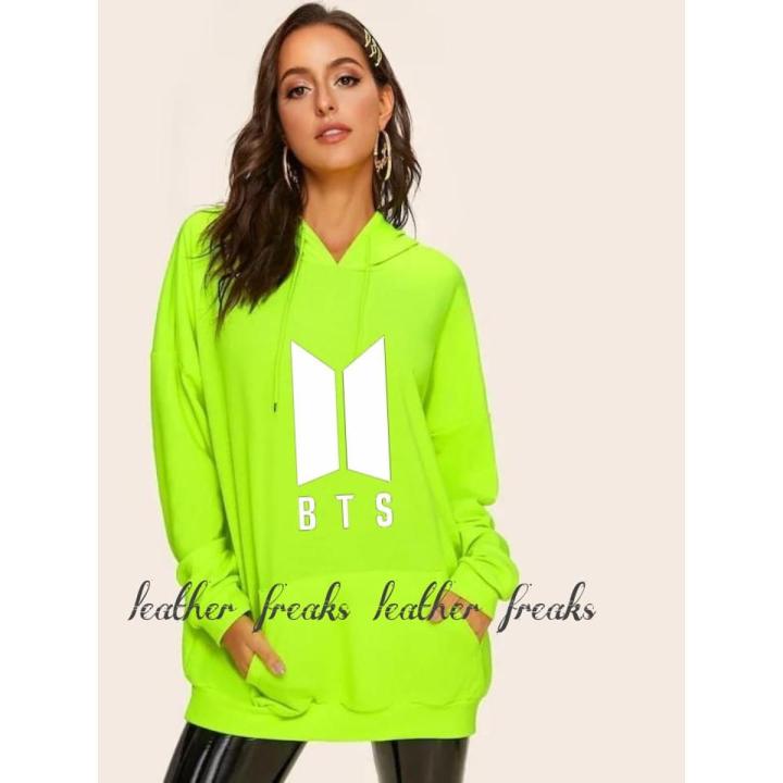 Neon Green Bts Fleece Full Sleeves Pull Over Hoodie For Women