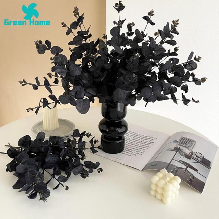 Black Artificial Flowers 6pcs Black Eucalyptus Branches Stems Realistic Silk Cloth Leaves for Halloween Decor Halloween Party Decorations