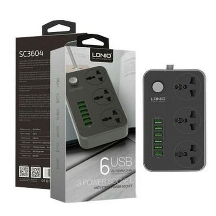 Original LDNIO Power Extension Board with USB Port,3 Way High Quality Electric Extension Lead Universal International Socket & Smart 6 USB Charging Ports 3.4AFast Charging Station 10A 2500W With Built-In Power Switch,