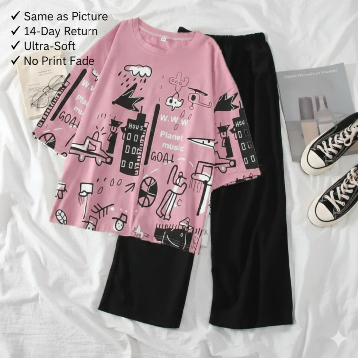 Women’s Pink Cute Doodle Night Suit – Lazy-Day Tee with Easy Pajama ...