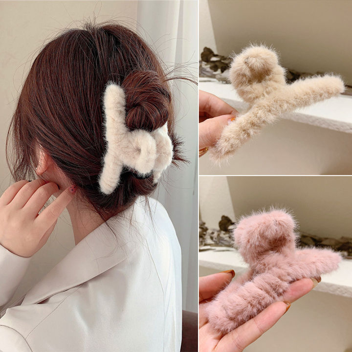Women Hair Claw Plush Clip Cute Korean Fall Winter Solid Elegant Acrylic Furry Accessories Girls Faux Fur Hair Clamp Claw Clip Mzea