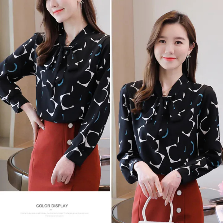 Yfashion%20Women%20ffon%20Blouse%20Long%20Sleeves%20%20Fit%20Shirt%20Fashion%20Bowknot%20Neckline%20Printing%20Pullover%20Tops%20color%20-%20Image%204
