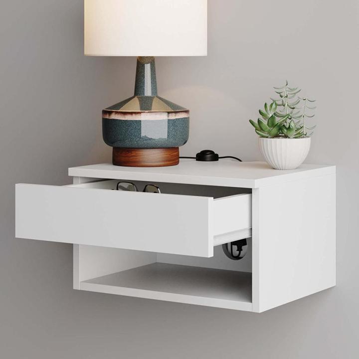 Wall Mounted Floating table,Bedroom Nightstand with Storage Drawer and Modern Open Shelf Cubby, Matte White