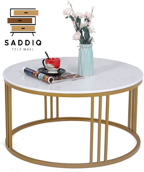 Center table  Round Large Size Table With 3 Rods Golden Table Fancy wooden marble table