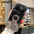 Casinglee for VIVO Y21 case Shiny Ring Glitter Soft Transparent Holder Stand Back cover with String for VIVO Y21 Phone cases cover Stars Moon Girls For girls and Boys. 