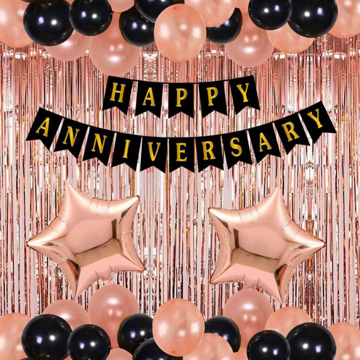 Happy Anniversary Decoration Theme set 30 Pcs Balloons ( 15 Rose Gold +15 Black Balloons ) 1 Rose Gold Curtain 2 Foil Star 1 Happy Anniversary Banner Foil Balloons anniversary decoration items For Bedroom