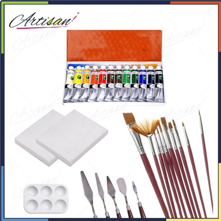 Artisan - 34 Pcs Set -12Pcs Oil Paint + 6Pcs Canvas (3Pcs Each 6x6, 8x8) + 1Pc Small Mixing Palette + 5Pcs Palette Knife + 10Pcs Mutli Shape Brushes