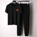 Trendy SUPERMAN LOGO Tag Printed Summer Tracksuit For Men & Boys Tee-shirt with trousers New Design Round Neck Half Sleeves T Shirts Top Quality Gym Wear/Casual and comfortable Pair T-Shirt and Trouser. 