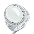 White gold-plated large oval cabochon white jade coin ring Imitation Hetian jade inlaid white jade ring. 