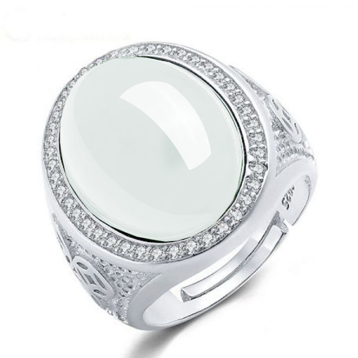 White gold-plated large oval cabochon white jade coin ring Imitation Hetian jade inlaid white jade ring