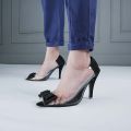 Pointed Black Bow Stiletto Heels for Women – Transparent Sides, 4-Inch High Heel | Elegant Party Shoes. 