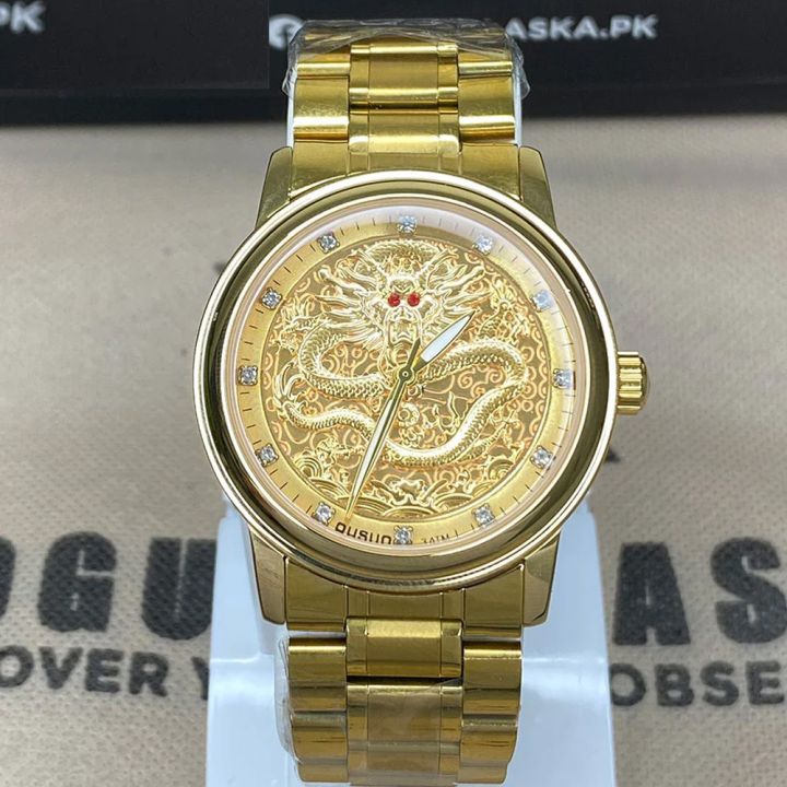 Golden Dragon Men’s Watch Fashion Stylish Quartz Movement Waterproof Stainless Steel Watch for Men