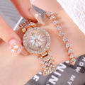 Elegant 2pcs Women's Bracelet Watch Durable Waterproof Mental Strap Ladies Wristwatch Chic Girls Diamond Inlaid Watches. 