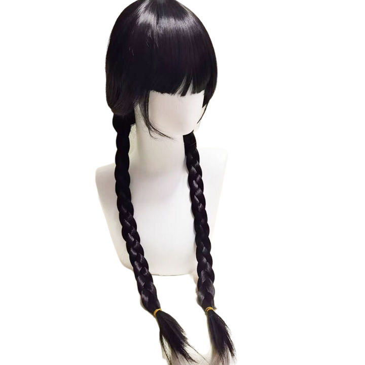 Wednesday Addams Cosplay Costume Black Short Sleeve Ball Dress Outfits for Women Kids Halloween Evening Party Roleplay wigs