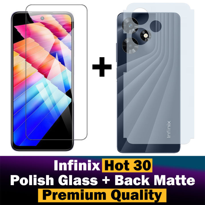 Infinix Hot 30 Glass Protector Polish Screen Tempered + Back Protector Carbon Fiber Matte Soft Skin Sheet For Hot 30