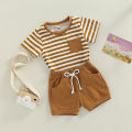 Baby Boys Short Set, Short Sleeve Stripes T-shirt with Elastic Waist Shorts Summer Outfit. 