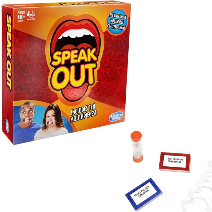 Hasbro - Speak Out Board Game Includes 5-Mouthpieces 200-Double Sided Cards Timer, Instructions