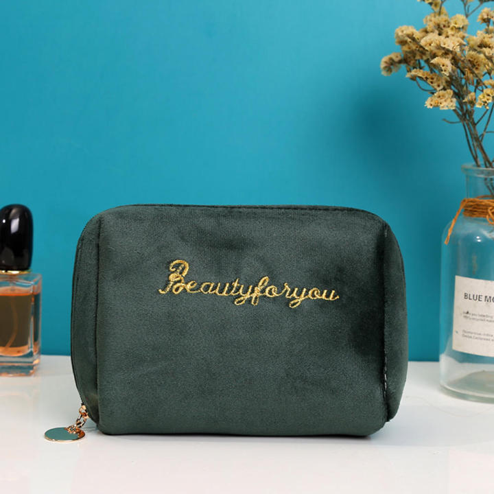 Makeup Bag Cosmetics Storage Bag Velvet Zipper Hand Bag Korean Double-Layer Bag Large Capacity Bag