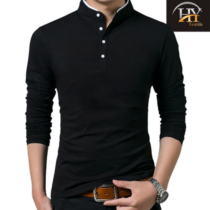 Stylish Black Collar Design Full Sleeve T-shirt For Men's by HY Textile