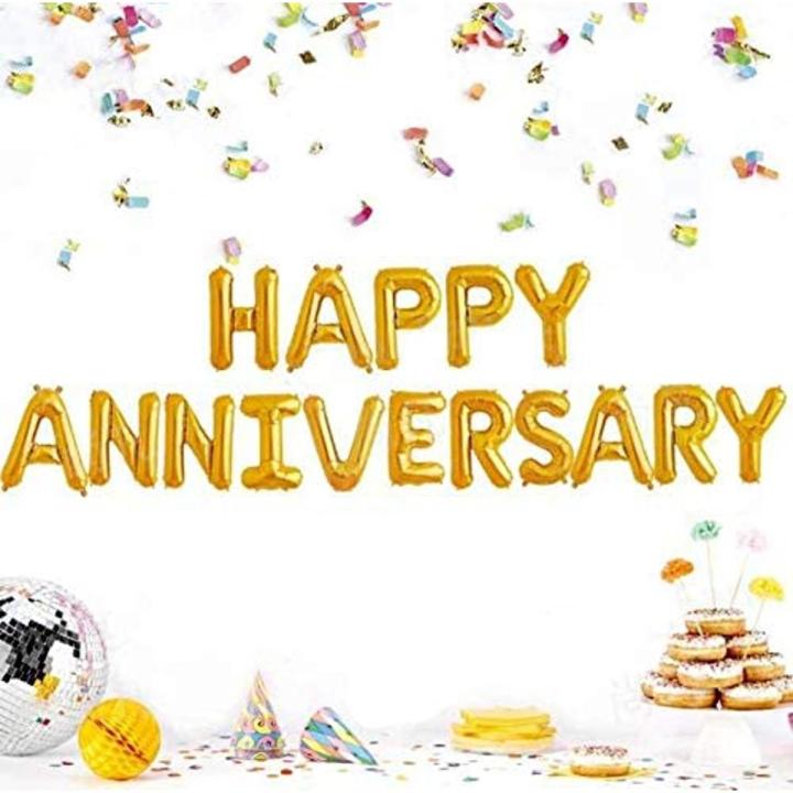 Happy Anniversary 16 Pcs Foil Banner Balloons, 16 Inch Alumunium Chrome Metallic Foil Baloon Set Reusable Material For Wedding, Nikkah, Marraige Anniversary Celebration, Letter Party Decoration, Party Supplies, Red Anniversary Balloon Banner, Gold, Silver