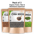 Bundle of 3 – Flax Seeds (Alsi Ke Beej), Organic Chia Seeds & Moringa Leaf Powder | Superfood Combo for Weight Loss, Energy & Immunity | Delhi Gate Organics. 