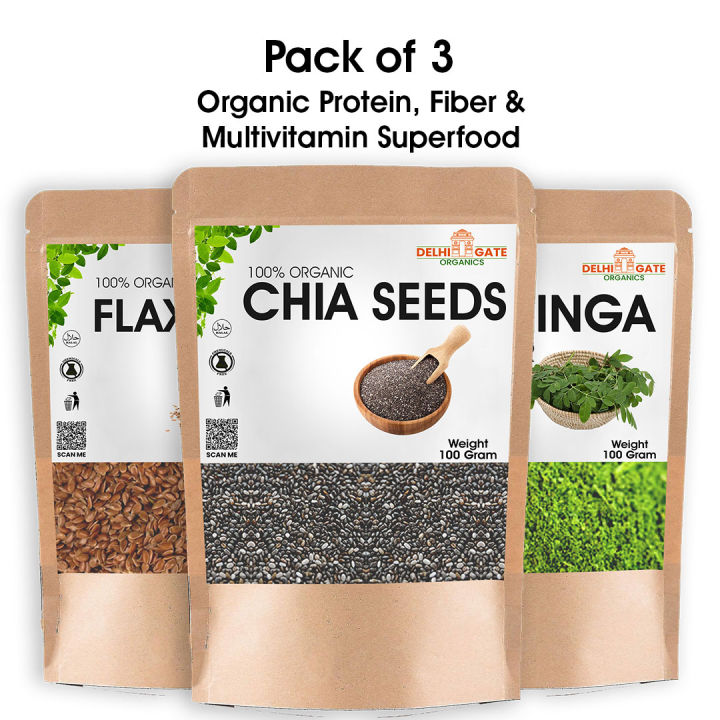 Bundle of 3 – Flax Seeds (Alsi Ke Beej), Organic Chia Seeds & Moringa Leaf Powder | Superfood Combo for Weight Loss, Energy & Immunity | Delhi Gate Organics