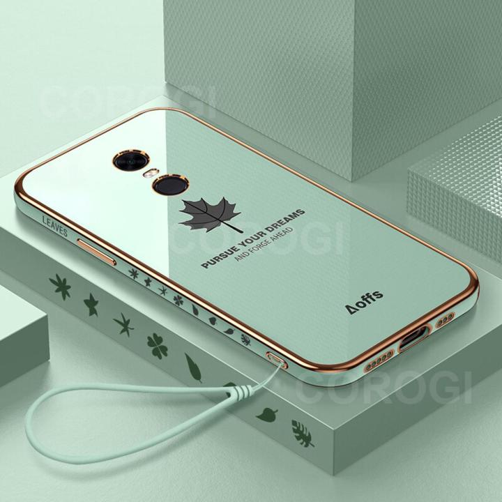 For Xiaomi Redmi 5 Plus Back Cover with Lanyard Luxury Shiny Plating Maple Leaf Camera Lens Protection Square Edge Bumper Soft Silicone Protective Phone Case
