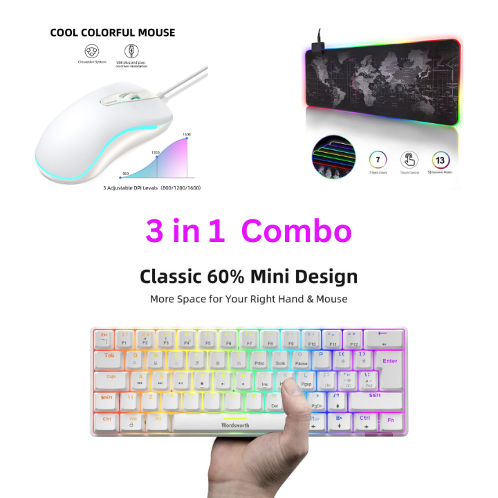 RGB gaming keyboard and  Mouse is a full mechanical model with blue switches, featuring a sleek white design and a Type-C connection The RGB gaming mouse pad is waterproof, easy to clean, and comes in a large size of 800x300mm, 3 in 1 Combo for Gamers