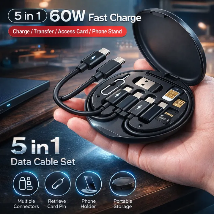 Multifunction Data Cable 5 in 1 Data Cable Set – 60W Fast Charging Multi USB Cable, All-in-One ...