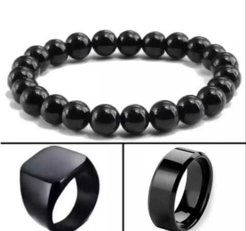 Black Combo Deal 3 In 1 Big Beads Bracelet 1 Ring & Chala For Men & Boys